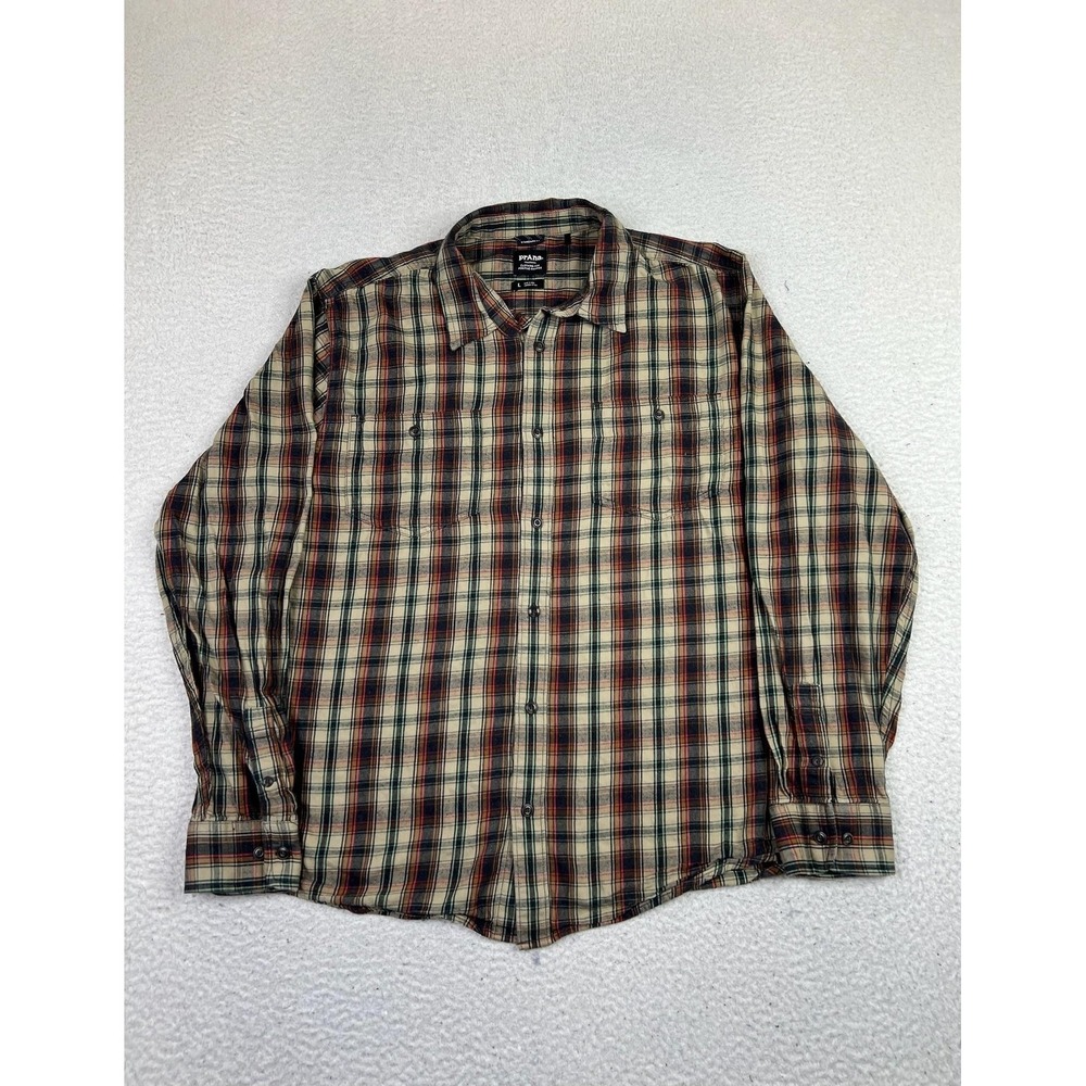 PrAna Shirt Mens Large Brown Green Plaid Dolberg Flannel Button Front